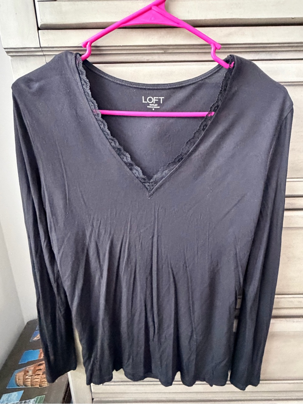 LOFT Black Long-Sleeve V-Neck Top with Lace Trim